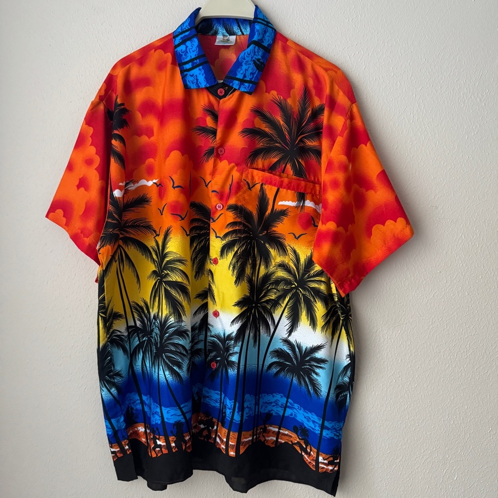 Rima Hawaiian Shirt Men's Size L 100% Terivoile Palm Trees Island Colorful Beach